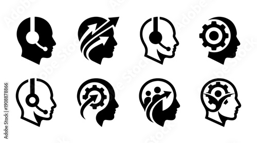 Customer Service and Business Minded Icons - Human Head with Gear, Arrows, People Icons