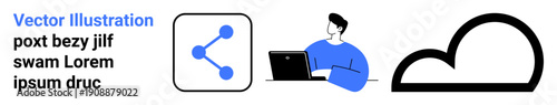 Cloud computing, data sharing, technology, remote work, digital tools, concepts. Visual includes a share icon, person using a laptop and a cloud symbol. Cloud computing and data sharing