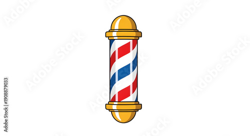 Classic red white and blue striped barber pole with gold caps used as a symbol for a barbershop
