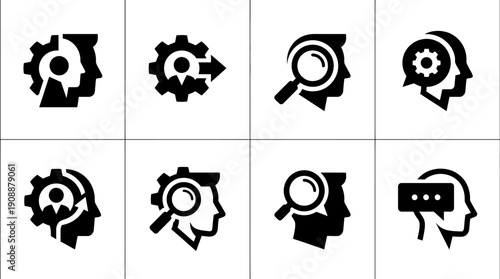 Business Strategy and Planning Icons Gears, Magnifying Glass, and Speech Bubbles