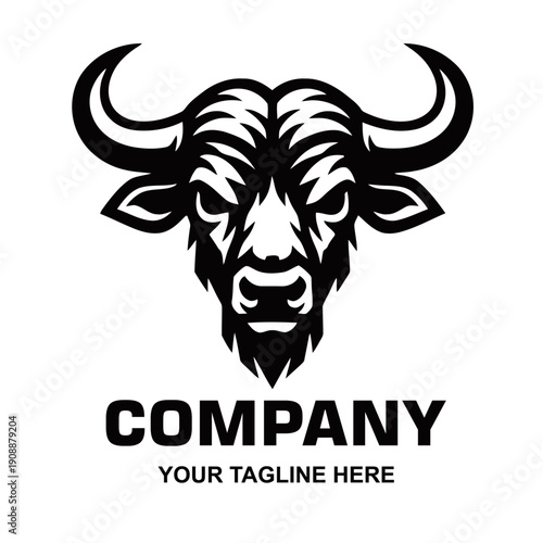 Black and white stylized bull or bison head logo with prominent horns, featuring a fierce and powerful expression, suitable for a company brand.