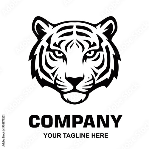 A striking black and white illustration of a fierce tiger's head, designed as a bold logo for a company.