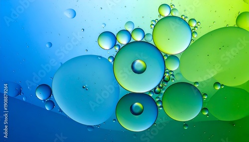 Colorful oil and water droplets suspended in liquid