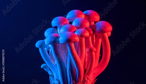 Cluster of glowing mushrooms bathed in blue and red light