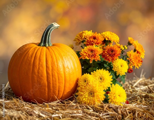 Autumn harvest pumpkin, mums, and straw on bale