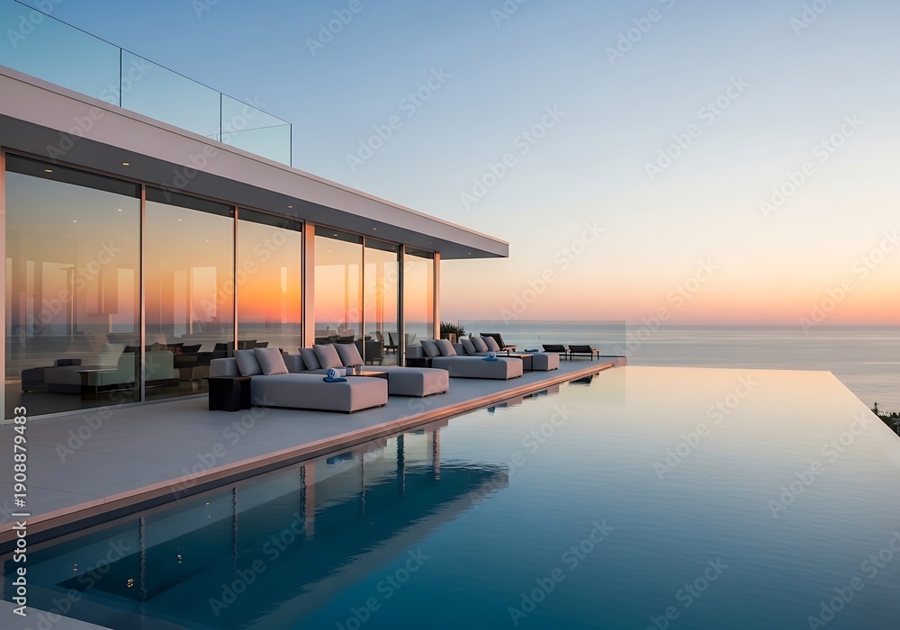Fototapeta premium Modern luxury villa with infinity pool overlooking the ocean at sunset, contemporary architecture and outdoor lounge area
