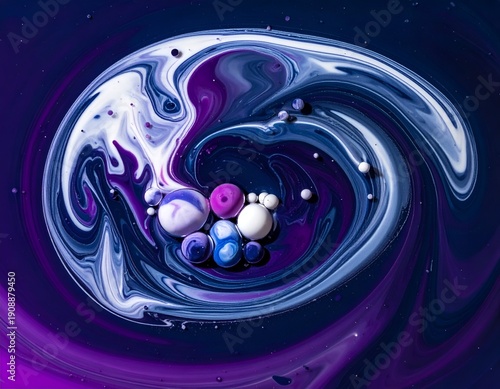 Swirling cosmic blues and purples with floating spheres