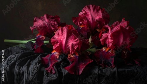 Deep red irises with water droplets on fabric