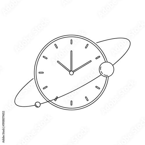 Simple line art clock with planet and rings on white background symbolizing time and space in minimalist design