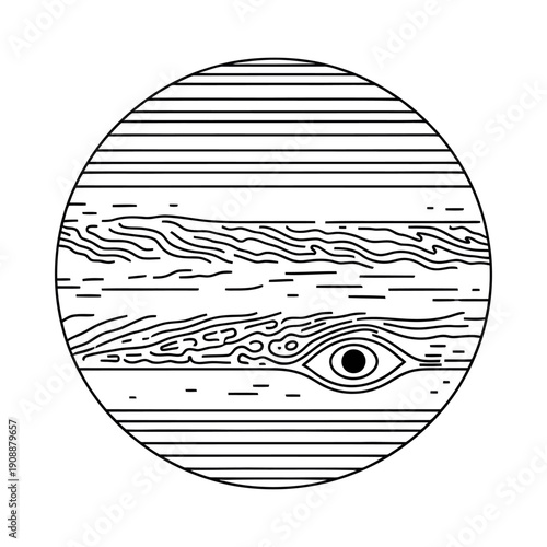 Detailed illustration of a stylized eye within a circle with horizontal lines and wood grain texture symbolizing awareness and insight