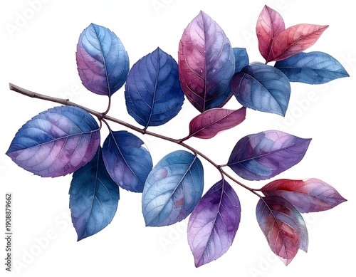 Branch with multi-colored leaves, blue, pink, and purple hues