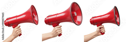 Set of three hands holding a bright red megaphone isolated on white background, bullhorn for announcement, marketing promotion and public speaking.