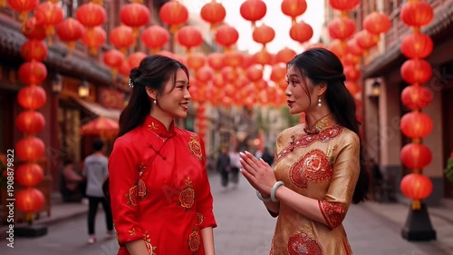 Two Young Women in Traditional Qipao Dresses on Street with Red Lanterns