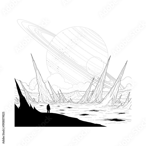 Person stands on cliff overlooking ocean with sailboats and a large planet in the sky with a ring
