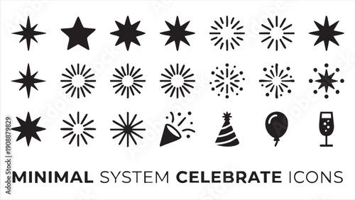 Minimal system celebrate icons collection, stars, fireworks, party hat and champagne glass