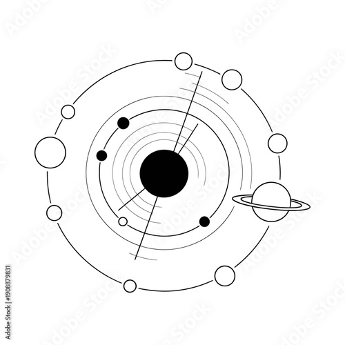 Planetary orbits around a black hole with concentric circles and celestial bodies in space