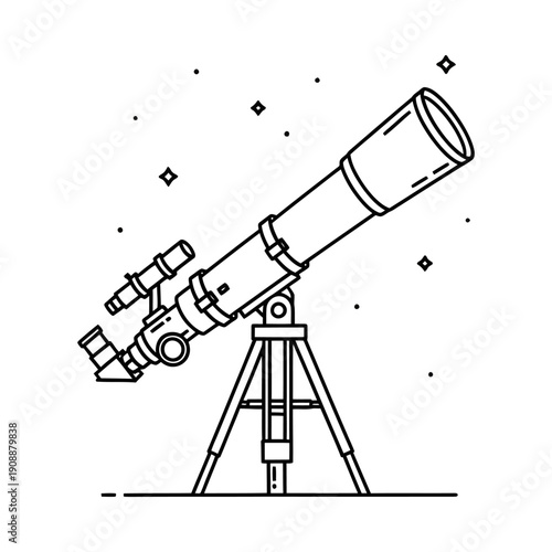 Telescope on tripod stand with starry background simple line drawing for astronomy and stargazing concepts