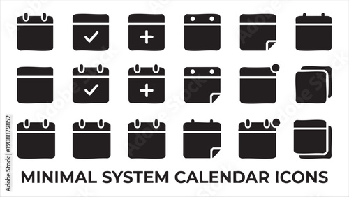 Minimal system calendar icons set, date, checklist, plus and page turn elements