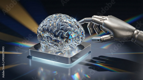 Robotic Hand Touches AI Brain, Igniting Advanced Technology and Future Digital Intelligence with Colorful Glass Light