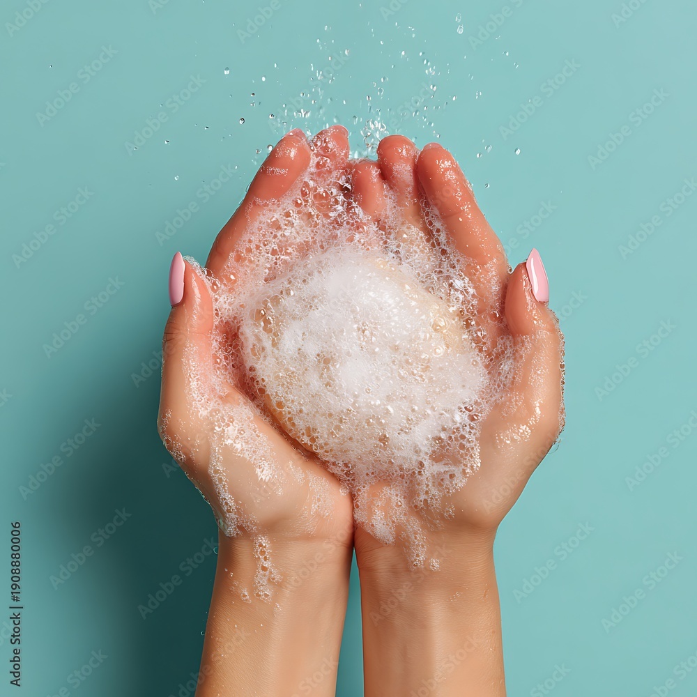 Fototapeta premium Elegant poto of Foamy hands washing with a bar of soap, water splashing on a blue background
