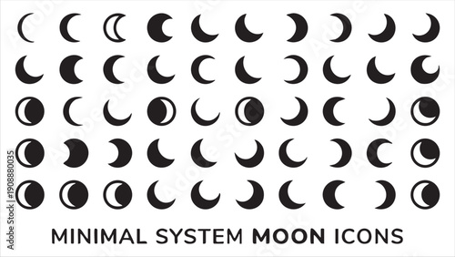 Minimal system moon icons set with different lunar phases and crescent shapes