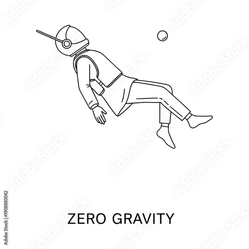 Astronaut floating in zero gravity space with ball simple black and white line drawing minimalist style weightlessness concept