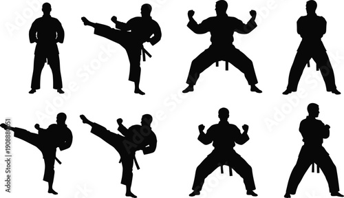 Karate Martial Arts Silhouette Collection with Fighting Poses and High Kicks, Black and White Combat Sport Training Vector Illustration Set