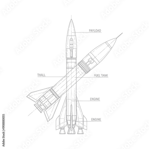Detailed diagram of a missile with labeled components including payload fuel tank engine and tail