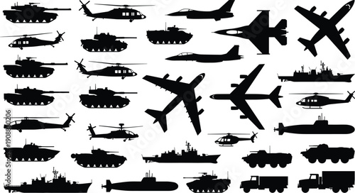 Military Vehicle Silhouette Collection with Tanks, Fighter Jets, Helicopters, Warships and Submarine, Black and White Armed Forces Transport Vector Set