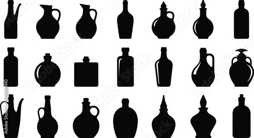 Vintage Bottle Silhouette Collection in Black and White, Antique Glass Container Shapes Set, Retro Liquor and Oil Flask Vector Illustration