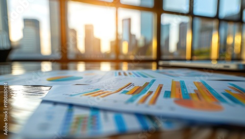 Charts and graphs on a table with a city skyline glowing golden through office windows