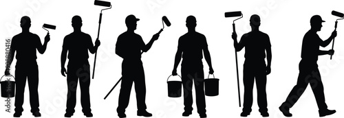Painter Worker Silhouettes with Paint Roller and Buckets, Professional House Painting Service Black and White Vector Illustration Collection Isolated Set