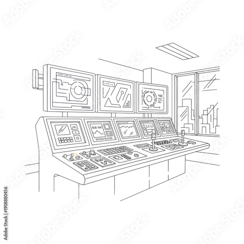 Industrial control room with multiple monitor screens and control panels industrial automation and process control system