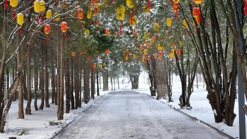 Lanterns hang from the branches in the snow-covered park
