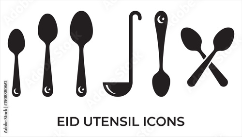 Eid utensil icons featuring spoons and ladles with star and crescent moon decorative engravings