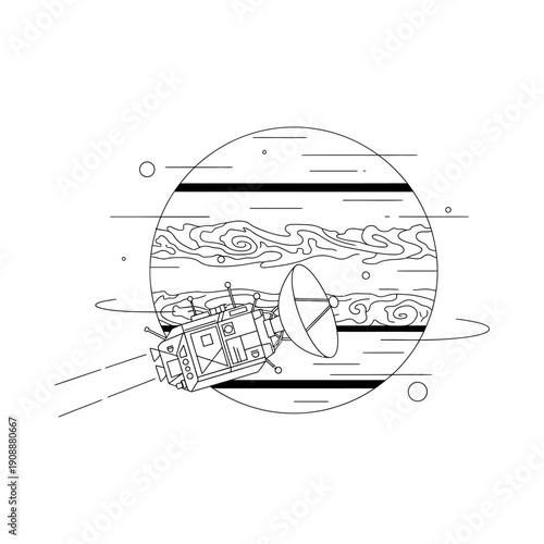 Satellite in orbit around planet with swirling clouds and black lines in space background