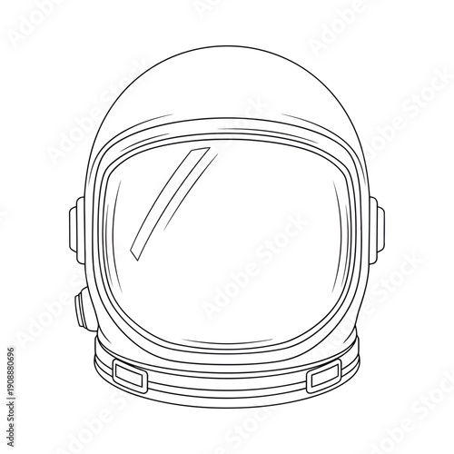 Detailed line drawing of astronaut helmet with clear visor and seal symbolizing space exploration and safety