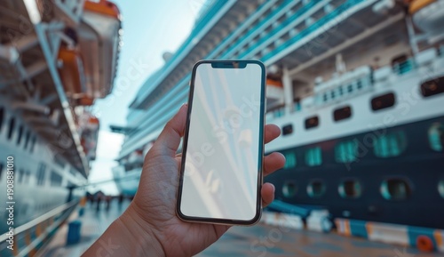 Person holds modern smartphone with blank screen; two large cruise ships dock behind