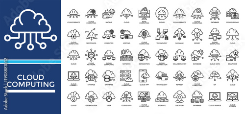 Cloud Computing icon set collection. Containing sharing, database, profit, server, collaboration, computing, employment .Line vector icons collection