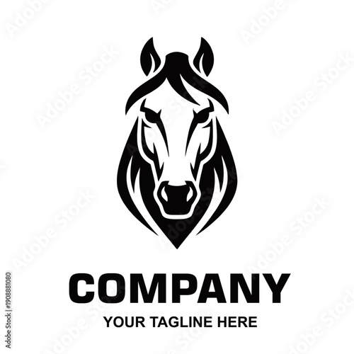 A striking black and white graphic logo featuring the head of a horse with a stylized mane.