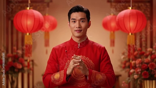 Warmly Lit Studio Portrait of a Man in Red Traditional Chinese Attire With Red Lanterns and Flower Arrangements