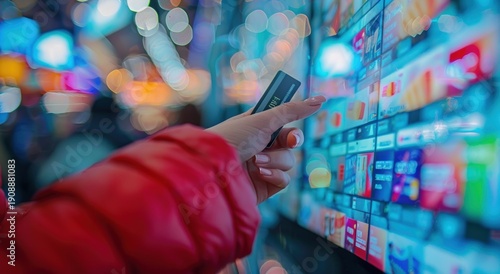 Hand with card selecting content on a bright digital screen, blurred city lights background