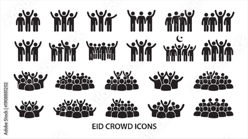 Eid crowd icons collection depicting group of muslim people celebrating with raised hands