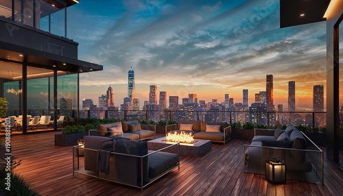 Luxury rooftop lounge with plush seating and a modern fire pit overlooking a panoramic city skyline at sunset. Penthouse terrace with elegant urban evening ambiance.