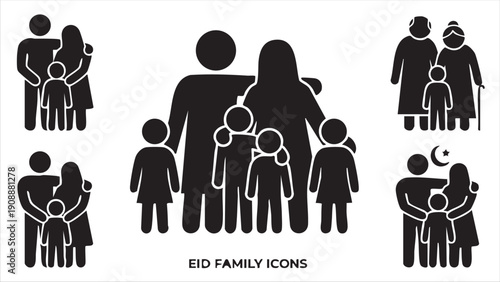 Eid family icons set featuring various muslim families celebrating together in silhouette style