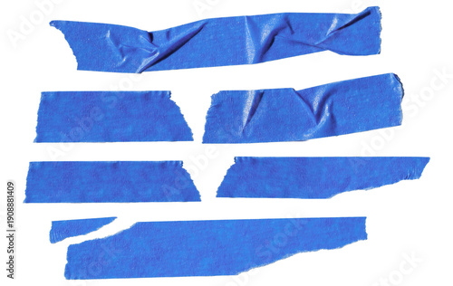 scattered fragments of vibrant blue painter's tape, featuring realistic textures and ripped edges, presented on a deep transparent background for graphic design.