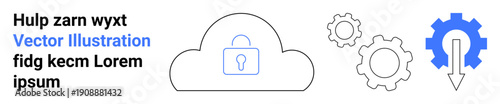 Data protection, cybersecurity, cloud storage, innovation, processes, system optimization. Cloud with lock, gears and arrow. Data protection and cybersecurity concept for technical applications
