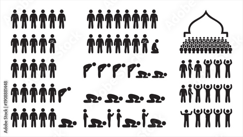 Eid prayer and celebration icons people standing, praying, and gathering at mosque