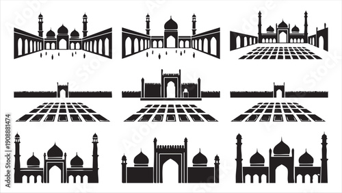 Islamic mosque and building architecture icons in various styles, set of traditional silhouettes