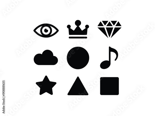 A collection of nine simple black icons representing common symbols and shapes.